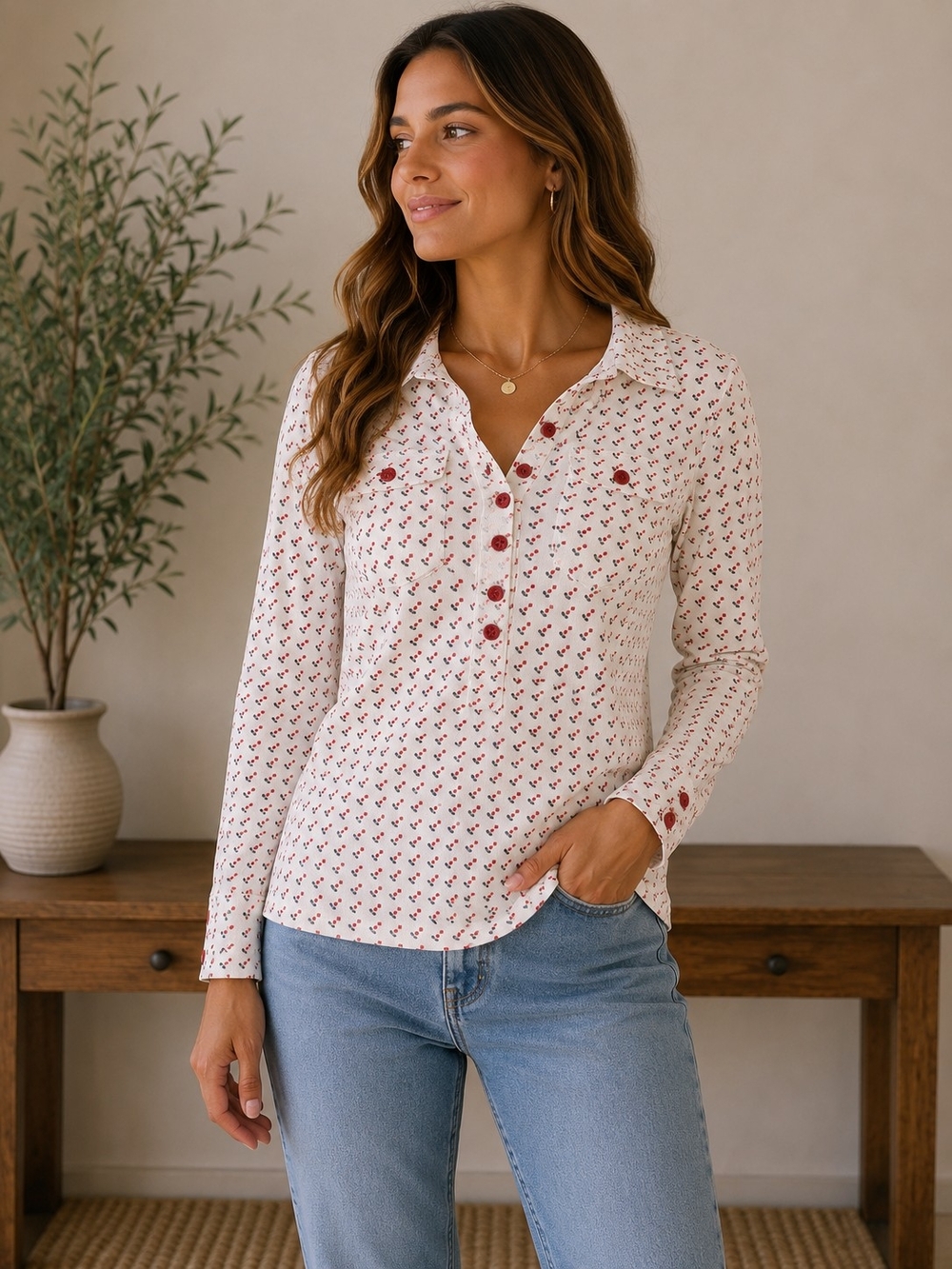 Marc Jacobs Cream Long-Sleeve Henley with Red  Geometric Print